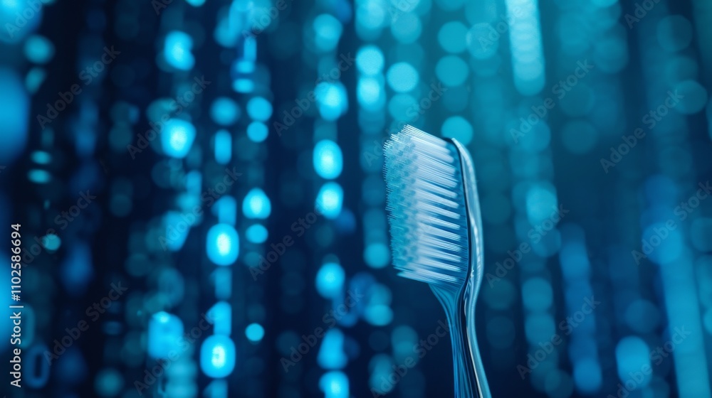 Poster a futuristic toothbrush is set against a glowing blue backdrop filled with binary codes, symbolizing