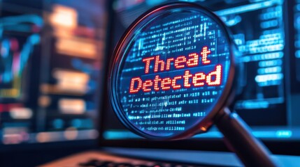 A magnifying glass highlights "Threat Detected" on a digital screen, indicating a cybersecurity alert.