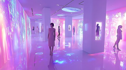 People walk through a gallery with light displays on the walls.