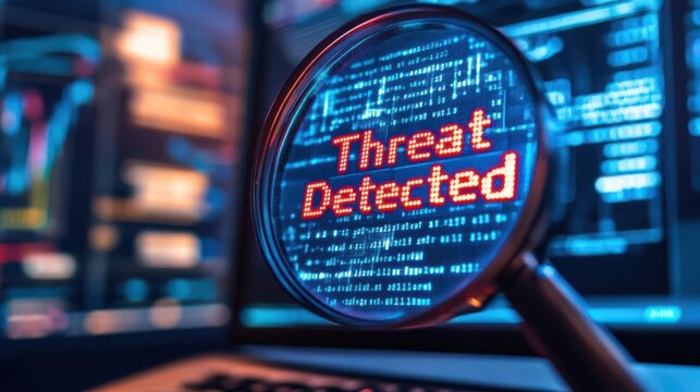 A magnifying glass highlights "Threat Detected" on a digital screen, indicating a cybersecurity alert. - Powered by Adobe