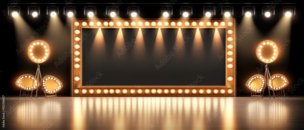 Poster a theatrical stage setup with lights and an empty frame for performances.