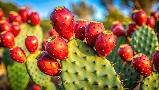 Prickly pear cactus with bright red fruit, prickly pear, cactus, plant, succulent, desert, spiky, fruit, red, green, thorn