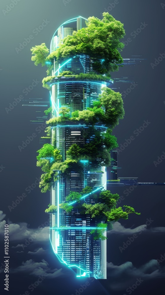 Aufkleber a futuristic skyscraper designed with greenery integrated throughout its architecture, blending tech
