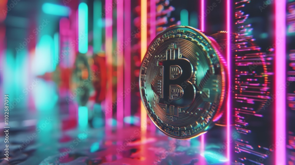 Poster a digital rendering of a bitcoin symbol illuminated by vibrant neon lights, showcasing a futuristic 
