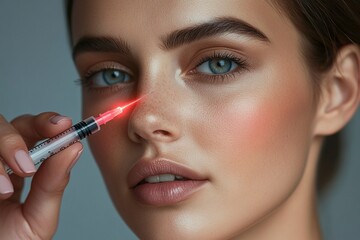 Beautiful woman with smooth skin getting Botox treatment, close up of syringe in hand holding red laser beam on grey background, high quality photo. The image depicts a woman receiving a Botox treatme