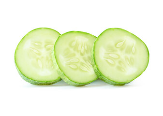 Side view of fresh green cucumber slices in circle shape in stack isolated on white background with clipping path