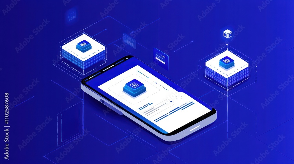 Poster digital illustration of a smartphone interacting with cloud-based data blocks.