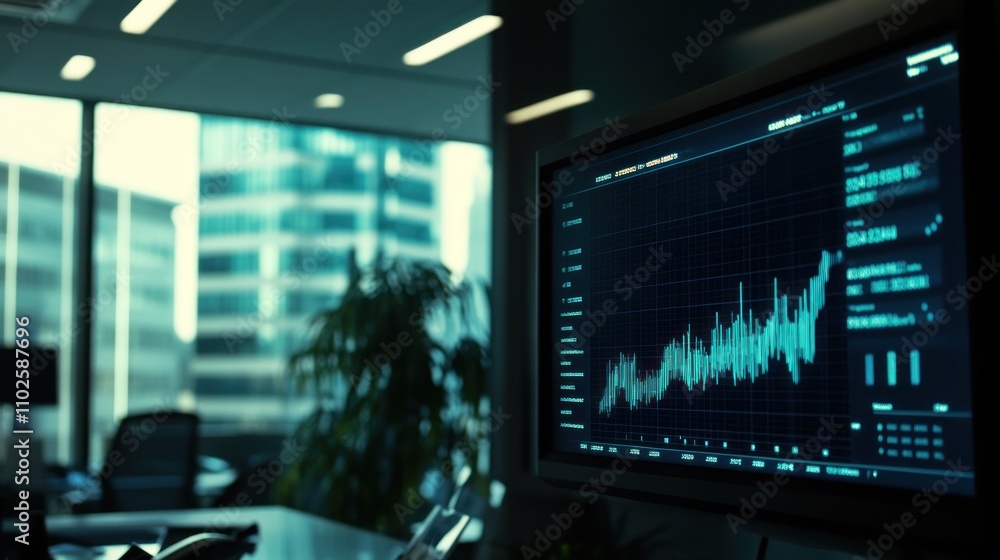 Poster a digital display shows a fluctuating financial graph in a modern office setting.