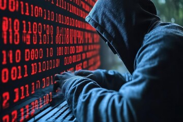 A hooded figure types on a keyboard, surrounded by red binary code, suggesting hacking or cyber activity.