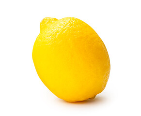 Side view of single fresh ripe yellow lemon fruit isolated on white background with clipping path