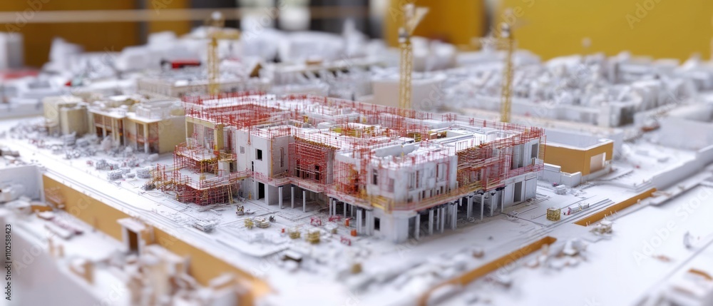 Poster a detailed architectural model of a construction site featuring cranes and building structures.