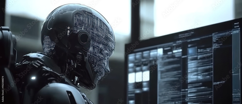 Poster a futuristic humanoid robot with a digital brain interacts with complex data on a screen.