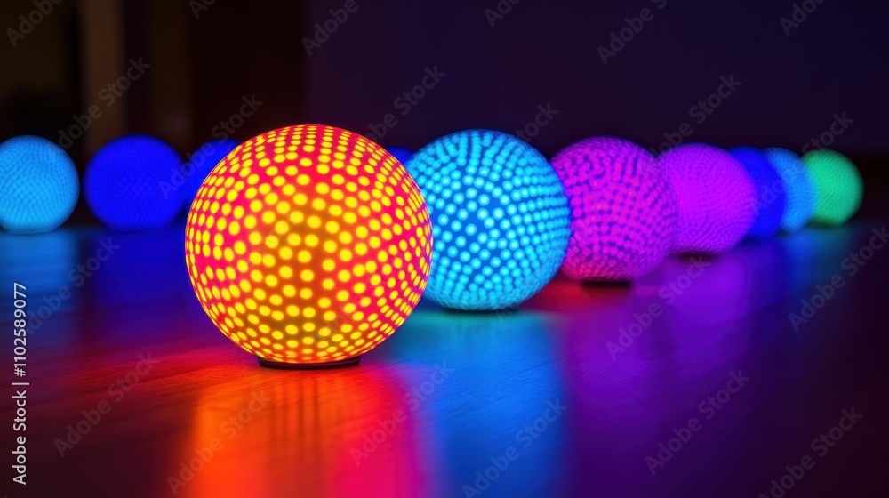 Poster a row of colorful, illuminated spheres with intricate patterns on a wooden surface.