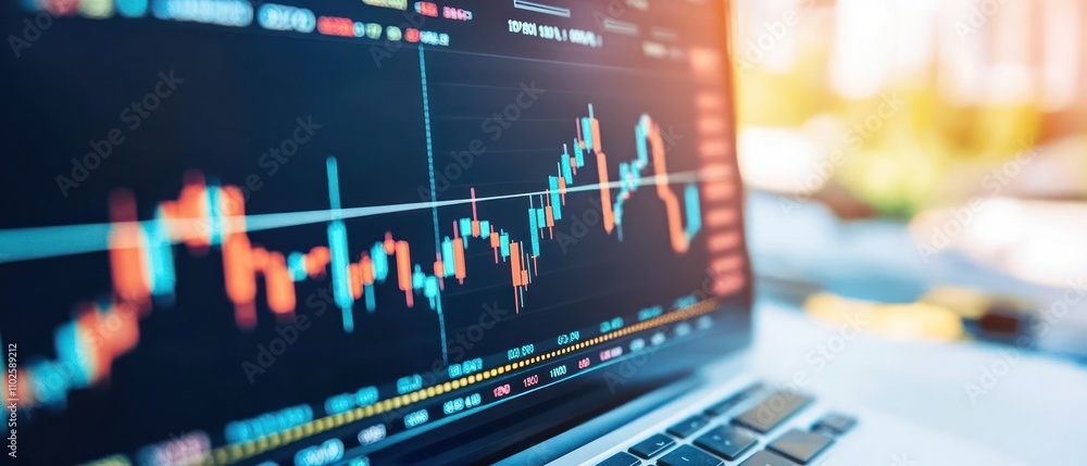 Poster a close-up of a laptop screen displaying a stock market graph with fluctuating data.