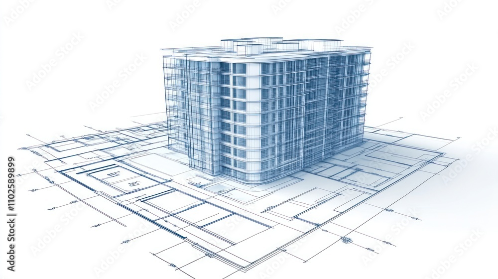 Poster 3d architectural rendering of a multi-story building with blueprints.