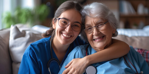 Obraz premium nurse hugging a patient in a nursing home Generative AI