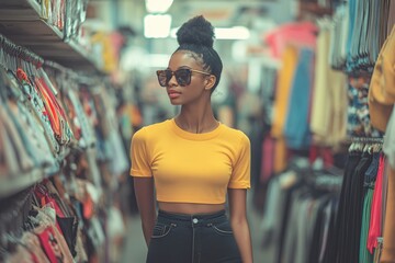 Obraz premium Young Woman Wearing Sunglasses and Yellow Top in Clothing Store