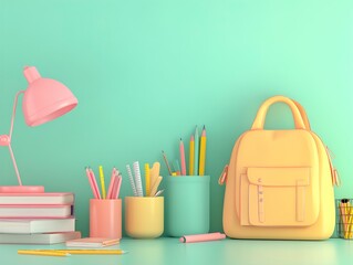 Pastel Back to School Supplies and Backpack on Mint Green Background