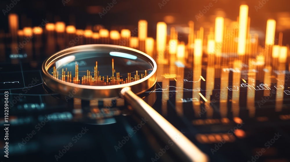 Poster a magnifying glass over digital data visualizations, emphasizing analysis and insights.