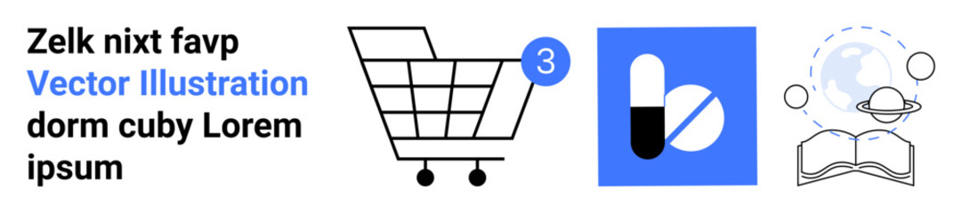 Shopping cart with item count, capsule on blue background, and open book with globe. Ideal for e-commerce, healthcare, education, online shopping, pharmacy, global learning, content creation. Landing