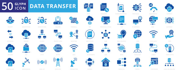 Data transfer icon set of gateway, vpn, network, management, wifi, satellite, database, firewall, encryption, router, transaction, receiver, lan, transmitter, http, bandwidth, parallel, fiber optic