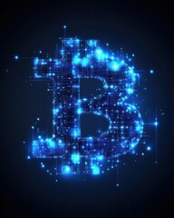 A glowing blue representation of the Bitcoin symbol, showcasing digital technology and innovation.