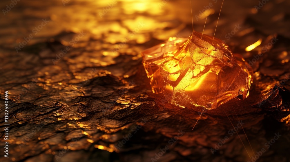 Poster a glowing, amber-colored object sits on a textured dark surface, illuminated by warm lighting, creat