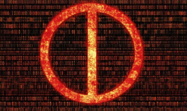 A glowing symbol against a binary code background, suggesting themes of technology and digital culture.