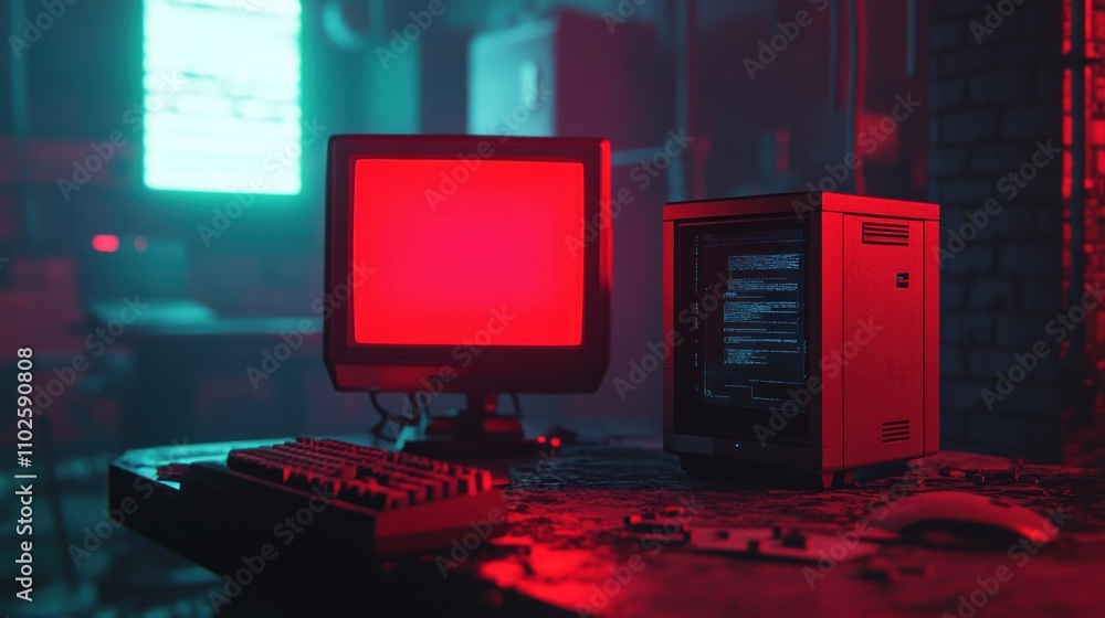 Poster a dimly lit room featuring a retro computer setup with a glowing monitor and keyboard.