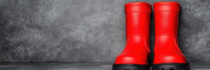 Bright red boots against gray background highlighting bold fashion statement