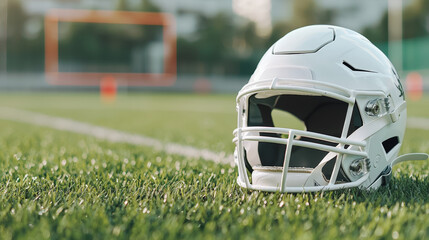White football helmet on field with goalposts in background during sunset