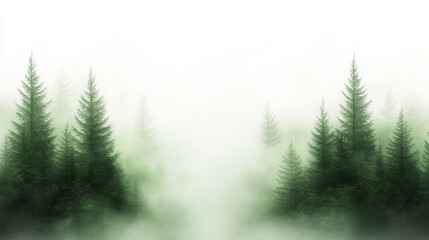 Fototapeta premium Misty evergreen forest landscape with dense fog and towering pine trees