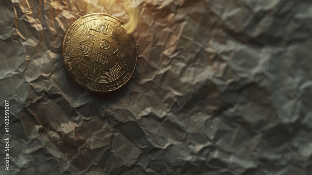 Poster a close-up view of a golden bitcoin resting on a crumpled paper surface, illuminated with warm light