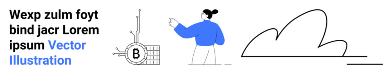 Person with blue sweater gesturing, abstract clock with B symbol, cloud illustration. Ideal for creative projects, web design, business concepts, educational materials, marketing, startups