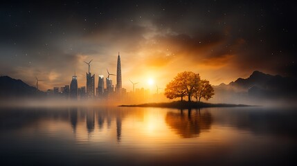 A vibrant cityscape at night illuminated by the glow of solar panels and wind turbines, contrasting with dark areas representing energy wastage. The scene highlights innovative solutions to 