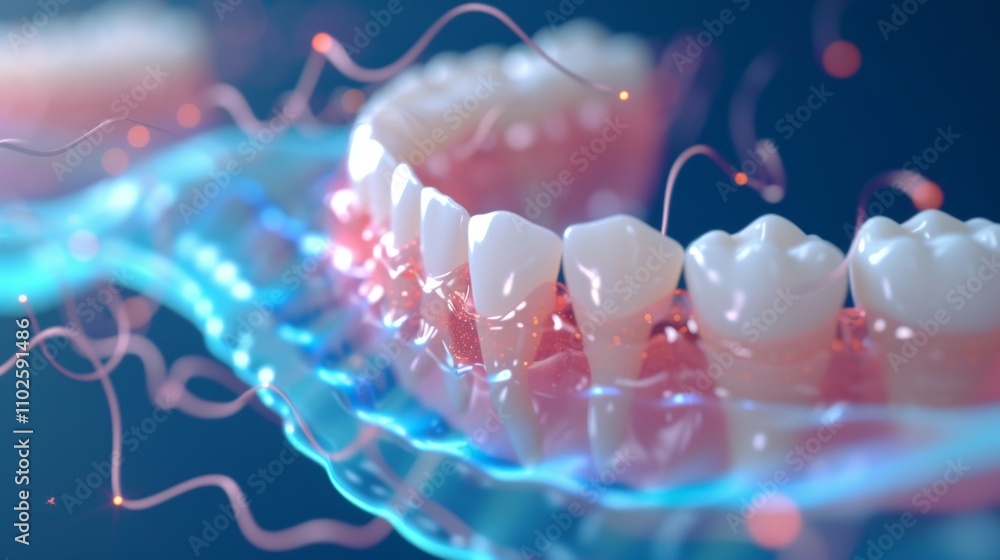 Poster a futuristic 3d render showcasing teeth with digital neural pathways, highlighting the integration o