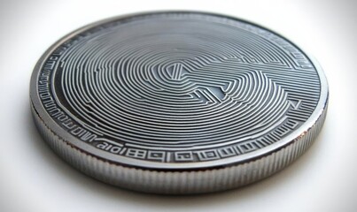 A close-up of a metallic coin featuring intricate maze-like patterns on its surface.