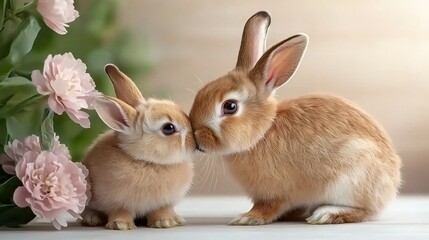 Obraz premium Adorable bunnies nuzzling among pink flowers: cute rabbit pair