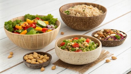 Sy bowls constructed from ground nuts and seeds perfect for serving salads while maintaining a wholesome taste.