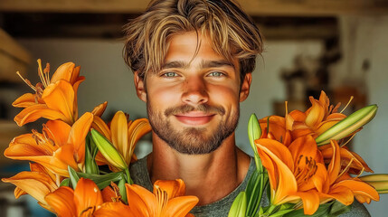 Smiling man with orange lilies in rustic setting: joyful connection with nature