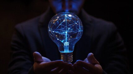 A person holds a glowing light bulb with a network design, symbolizing ideas and innovation.