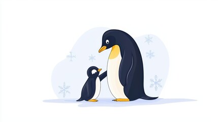 Obraz premium Adorable emperor penguin and chick interaction amidst snowflakes