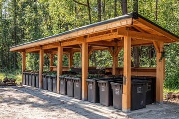 Outdoor Recycling Station with Wooden Shelter in Forest Environment