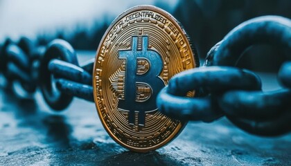 A Bitcoin coin linked to a chain, symbolizing security and blockchain technology.