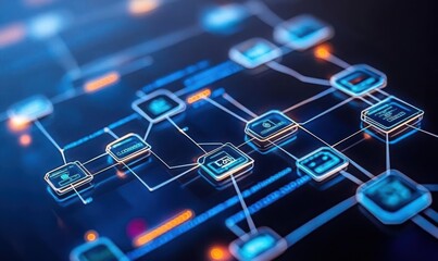 A digital network visualization with interconnected nodes representing data flow and technology.