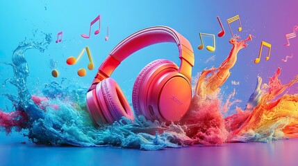 Bright, eye-catching digital artwork featuring large modern headphones in neon coral 