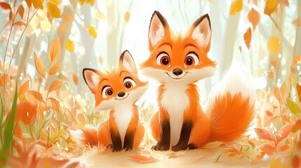 Obraz premium Charming cartoon foxes in sunlit autumn forest scene