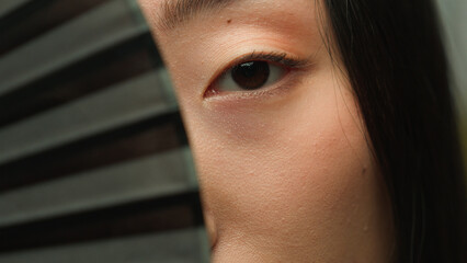 Dark eyes Asian woman looking at camera korean chinese japanese lady female girl hiding face with...