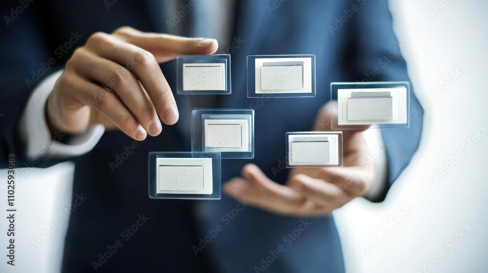 Poster a businessman interacts with floating digital interface elements, symbolizing technology and innovat