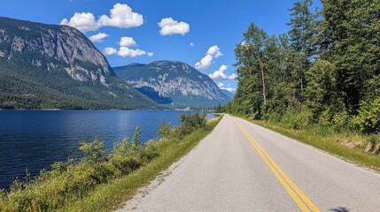 Scenic Highway Along Serene Lake and Majestic Mountain Landscape